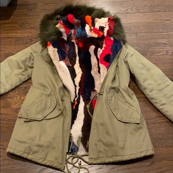 REVERSIBLE RAINBOW FUR HOODED COAT SZ s/xs - Picture 1 of 8